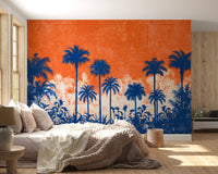 Fresque murale panoramique abstraite représentant une canopée tropicale au coucher du soleil
