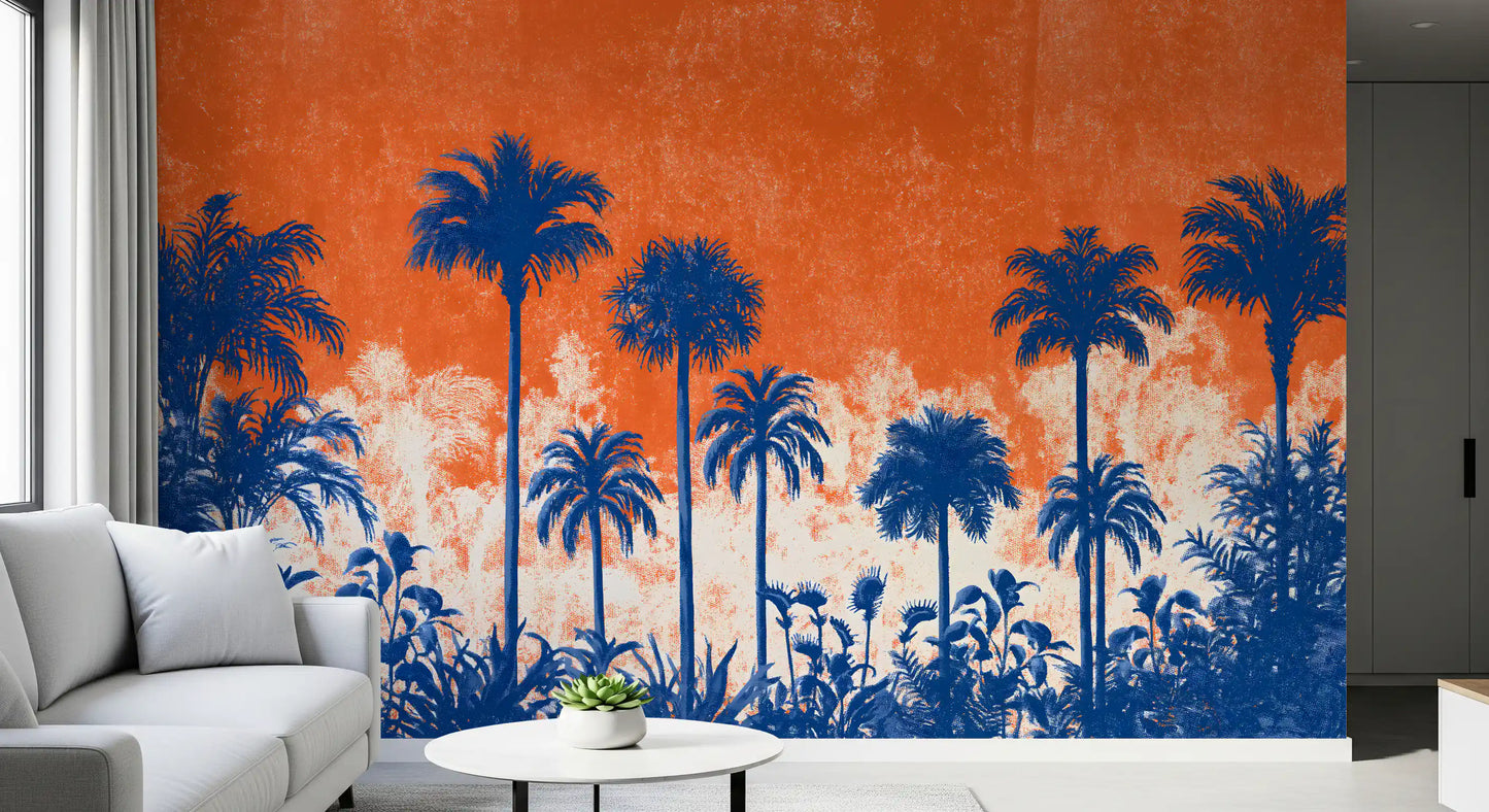 Fresque murale panoramique abstraite représentant une canopée tropicale au coucher du soleil