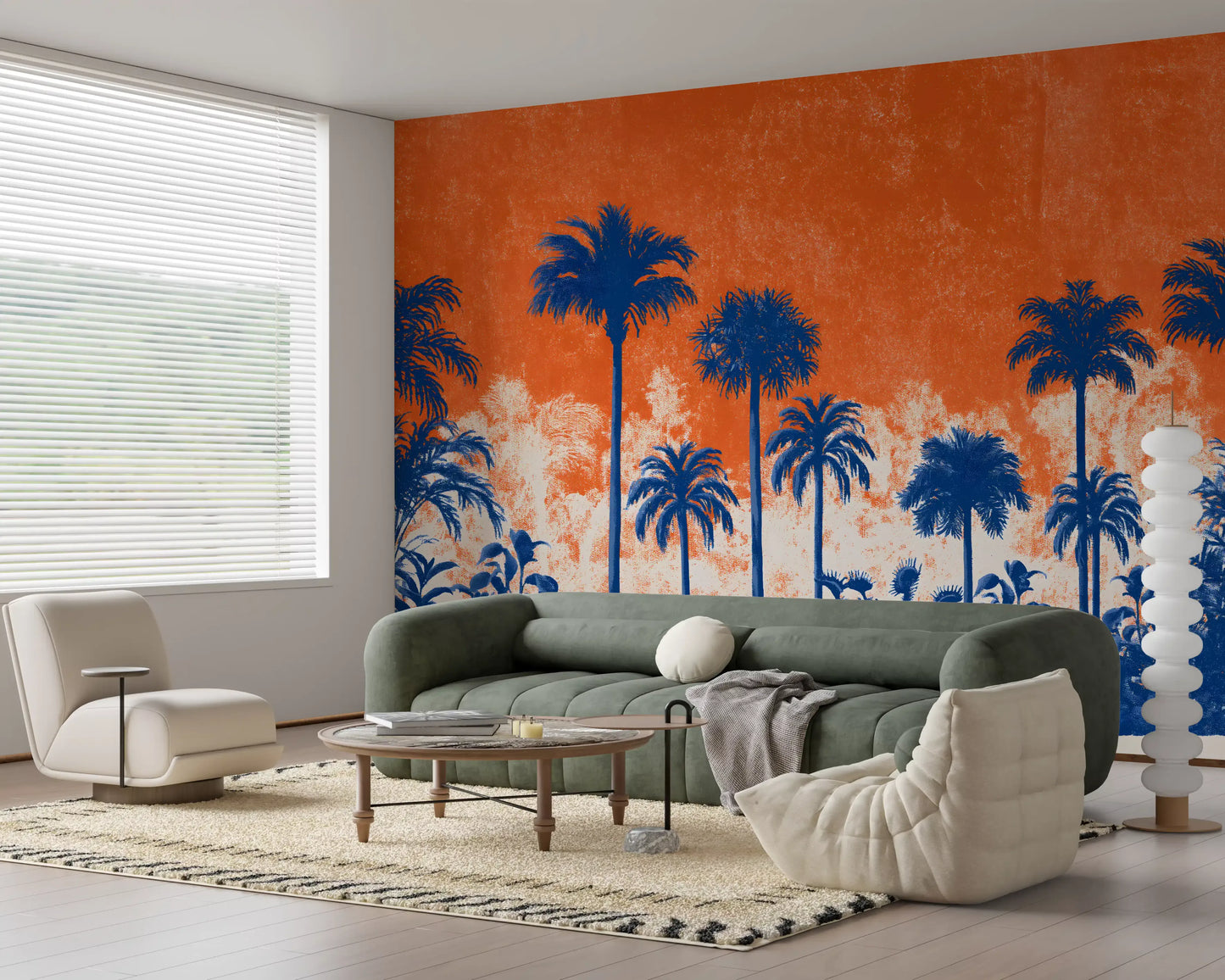 Fresque murale panoramique abstraite représentant une canopée tropicale au coucher du soleil