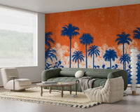 Fresque murale panoramique abstraite représentant une canopée tropicale au coucher du soleil
