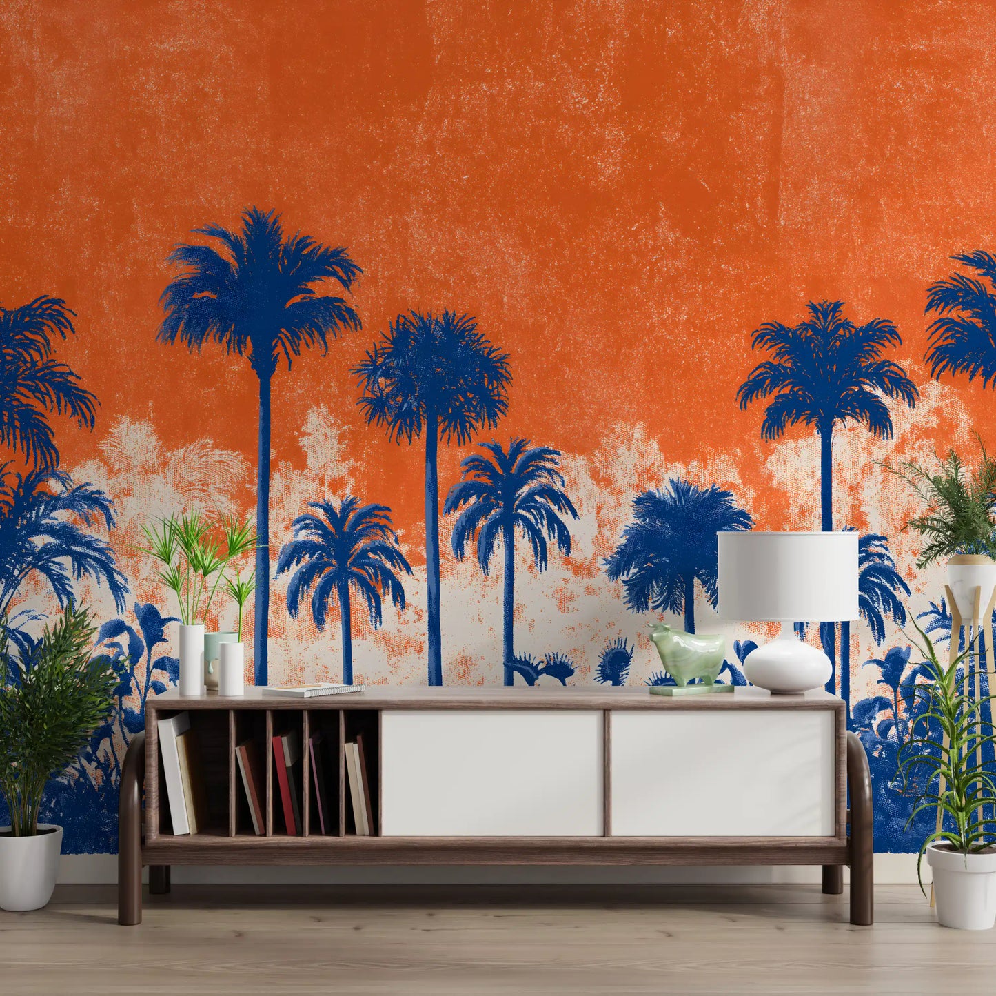 Fresque murale panoramique abstraite représentant une canopée tropicale au coucher du soleil