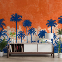 Fresque murale panoramique abstraite représentant une canopée tropicale au coucher du soleil