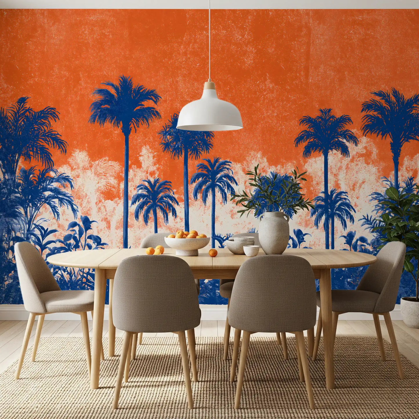 Fresque murale panoramique abstraite représentant une canopée tropicale au coucher du soleil