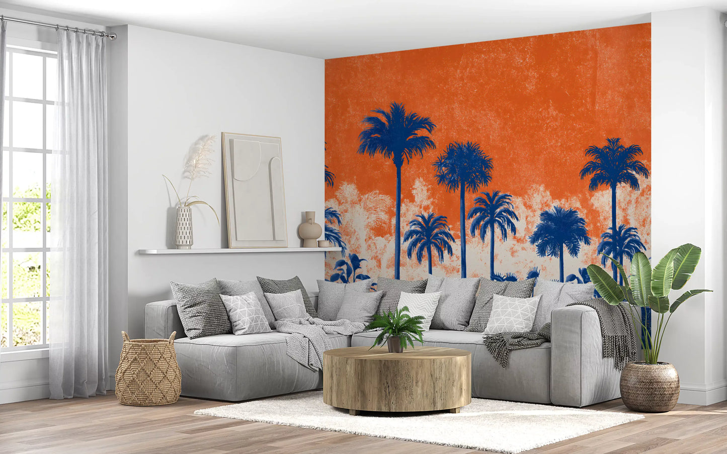Fresque murale panoramique abstraite représentant une canopée tropicale au coucher du soleil