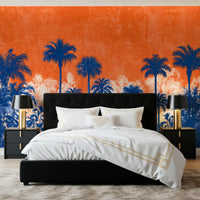 Fresque murale panoramique abstraite représentant une canopée tropicale au coucher du soleil
