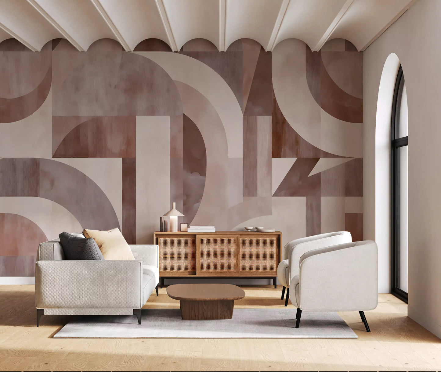 Geometrisches Wandbild mit Terrakotta-Bögen