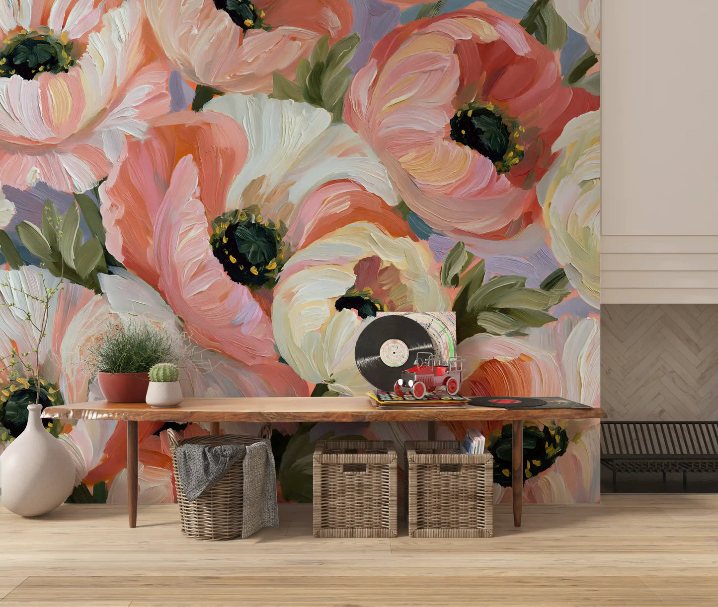 Papier peint panoramique mural « Champ fleuri de coquelicots impressionnistes »