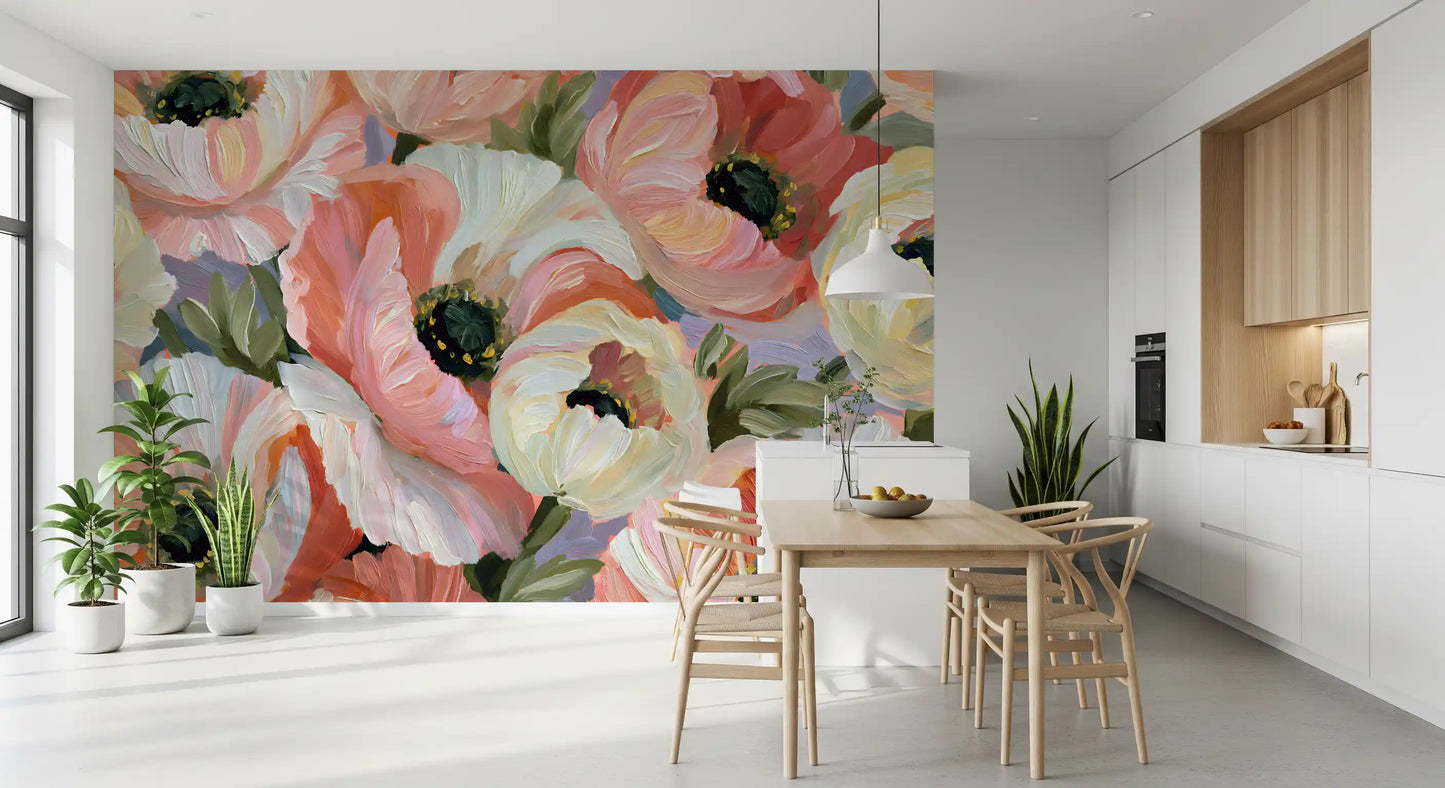 Papier peint panoramique mural « Champ fleuri de coquelicots impressionnistes »