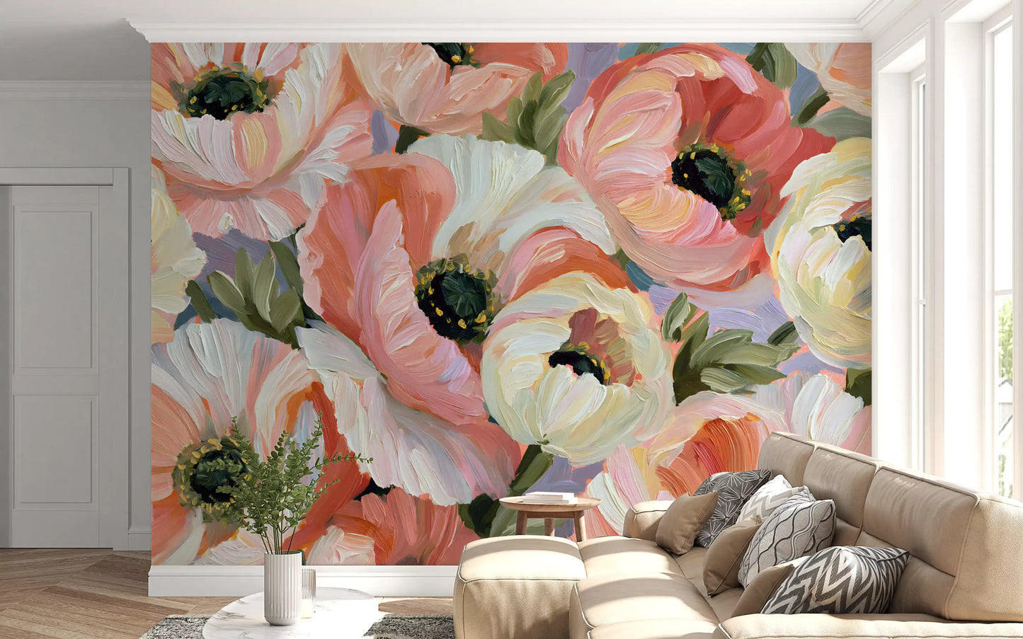 Papier peint panoramique mural « Champ fleuri de coquelicots impressionnistes »