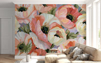 Papier peint panoramique mural « Champ fleuri de coquelicots impressionnistes »