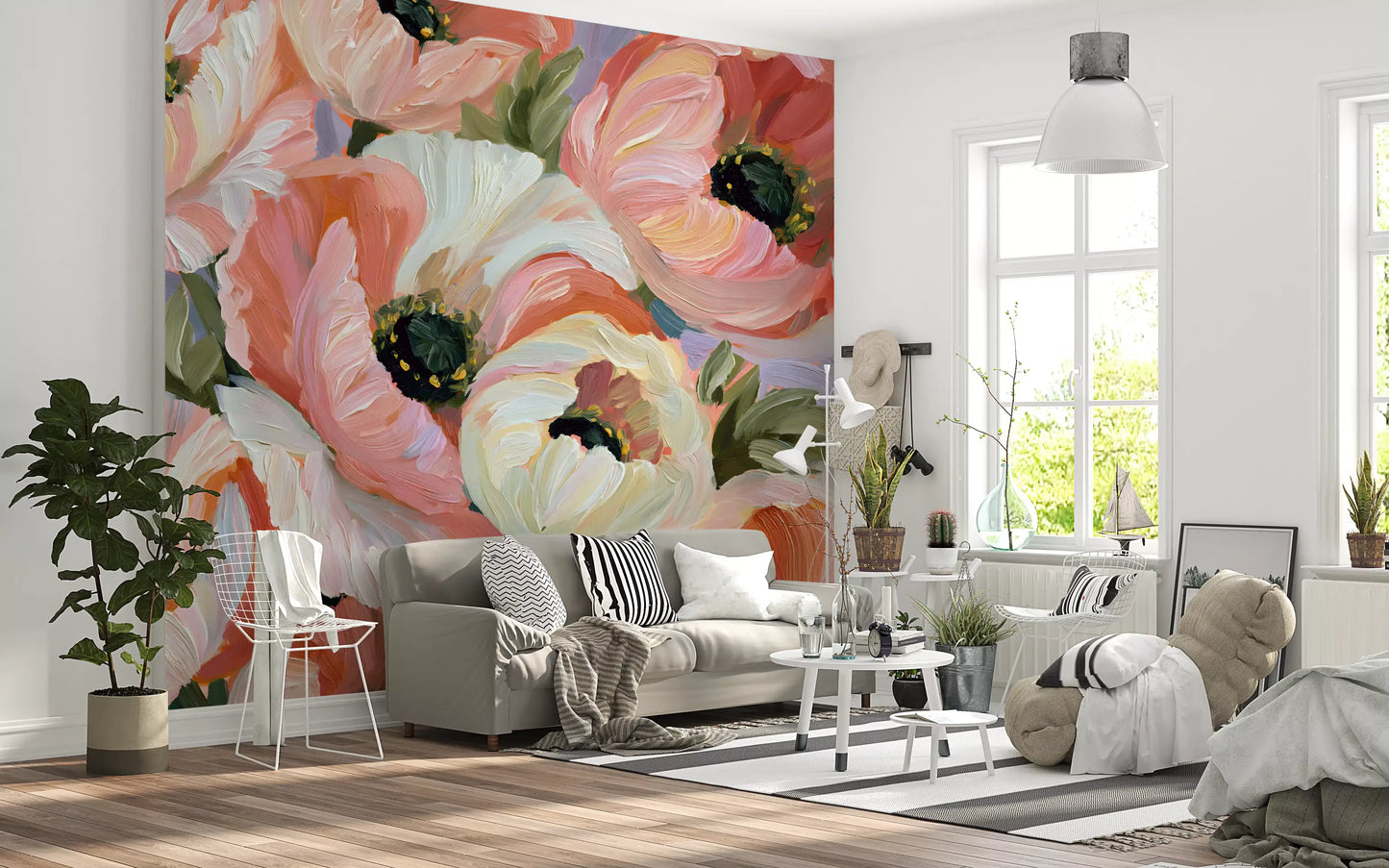 Papier peint panoramique mural « Champ fleuri de coquelicots impressionnistes »