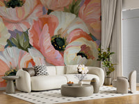 Papier peint panoramique mural « Champ fleuri de coquelicots impressionnistes »