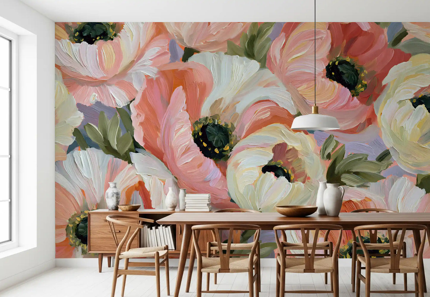 Papier peint panoramique mural « Champ fleuri de coquelicots impressionnistes »