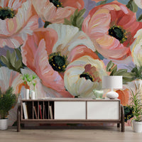 Papier peint panoramique mural « Champ fleuri de coquelicots impressionnistes »