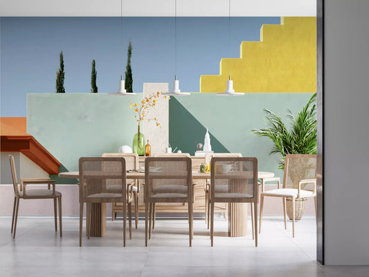Minimalistische mediterrane geometrische Fassaden-Wandmalerei