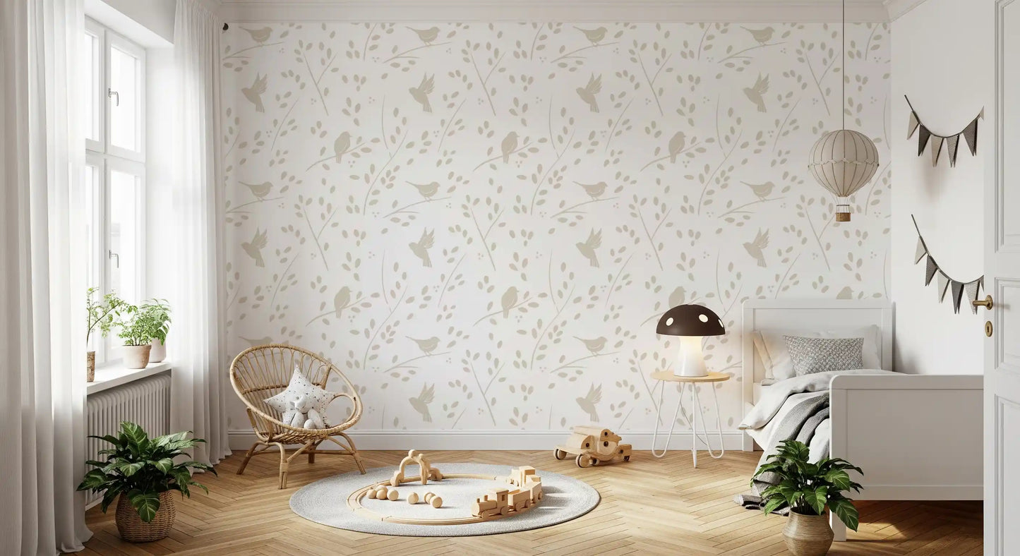 Minimalistische Gartenvögel auf Tapete in sanftem Taupe
