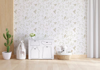 Minimalistische Gartenvögel auf Tapete in sanftem Taupe
