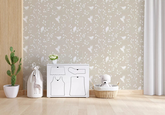Papier peint « Oiseaux de jardin minimalistes et sereins » en taupe doux