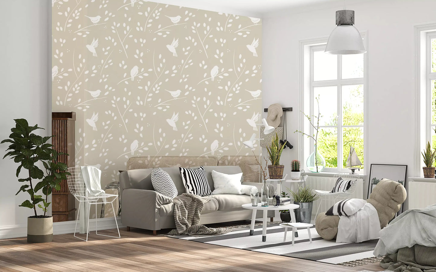 Ruhige minimalistische Garten­vögel auf Tapete in sanftem Taupe