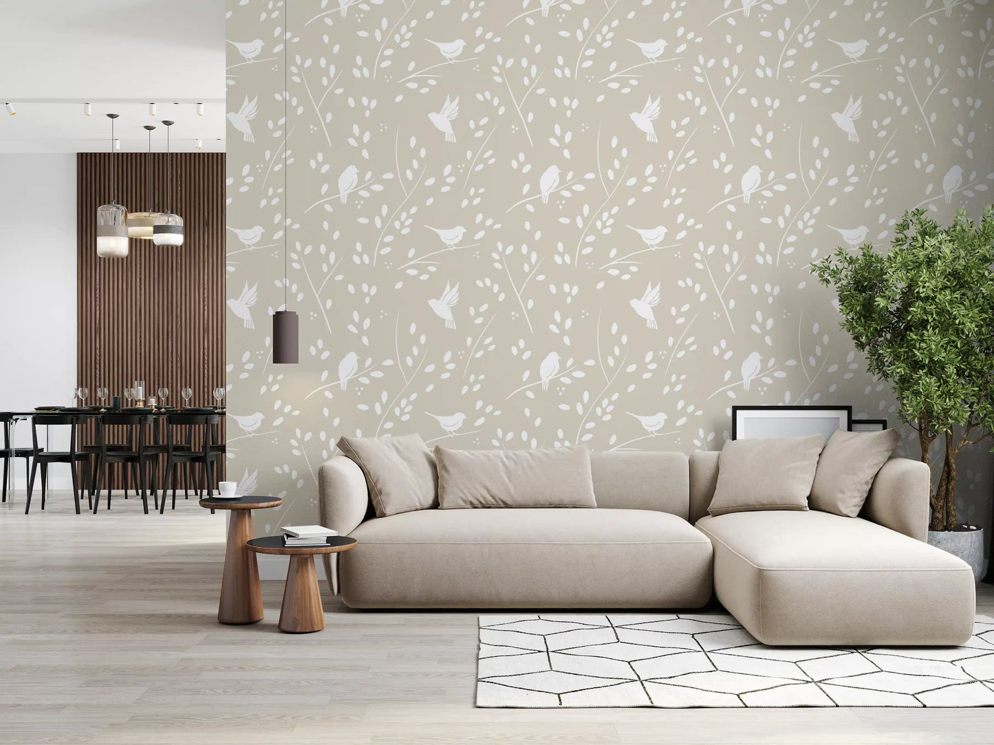 Ruhige minimalistische Garten­vögel auf Tapete in sanftem Taupe