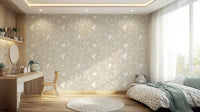 Ruhige minimalistische Garten­vögel auf Tapete in sanftem Taupe