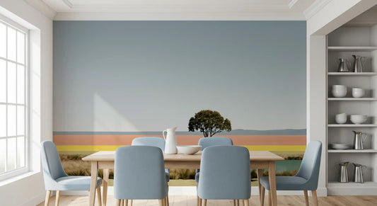Fresque murale panoramique représentant un oasis désertique minimaliste
