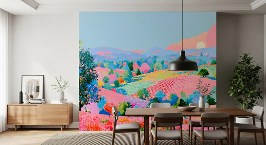Mural de pared con una vibrante impresión de colinas en tonos pastel