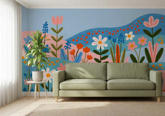 Mural de pared de paisaje de pradera primaveral bohemia