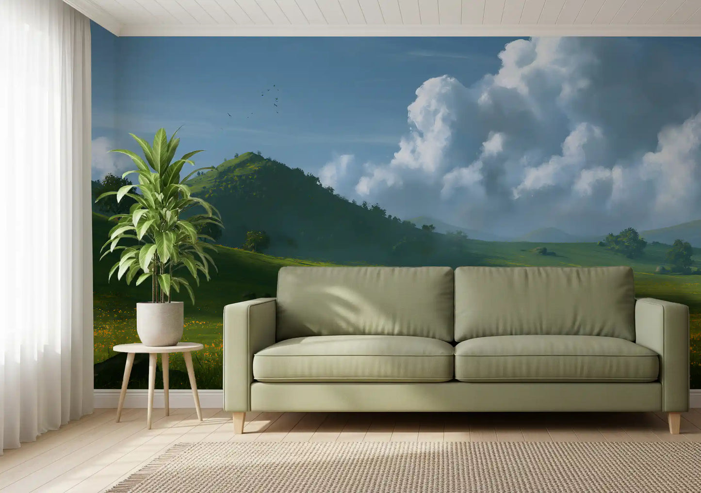 Wandbild mit sanften grünen Hügeln und sommerlichem Himmel