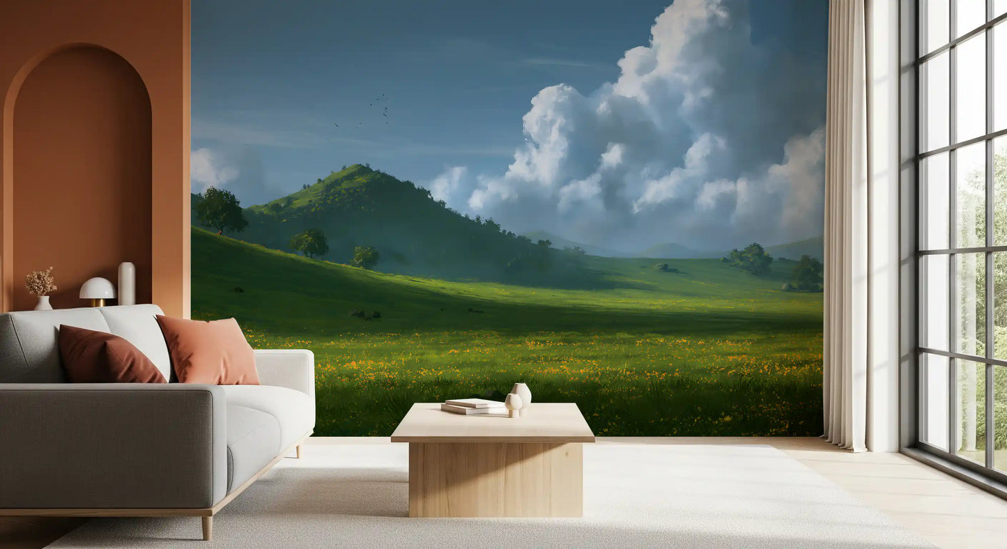 Wandbild mit sanften grünen Hügeln und sommerlichem Himmel