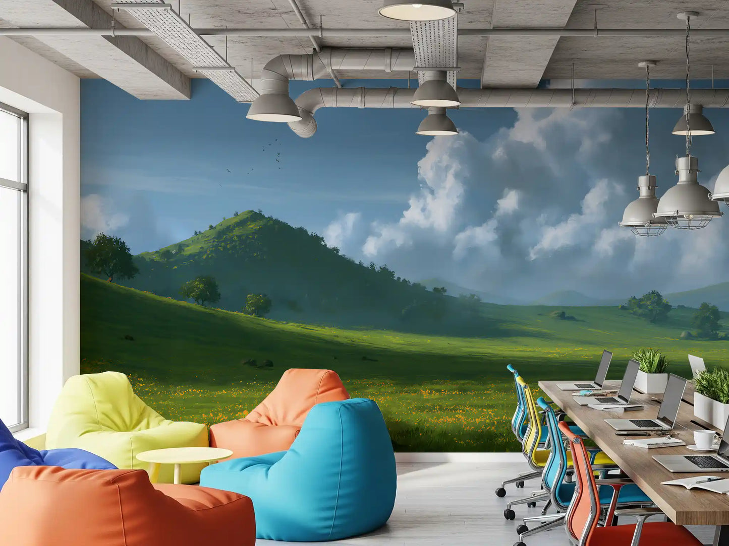 Wandbild mit sanften grünen Hügeln und sommerlichem Himmel