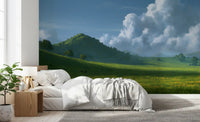 Wandbild mit sanften grünen Hügeln und sommerlichem Himmel