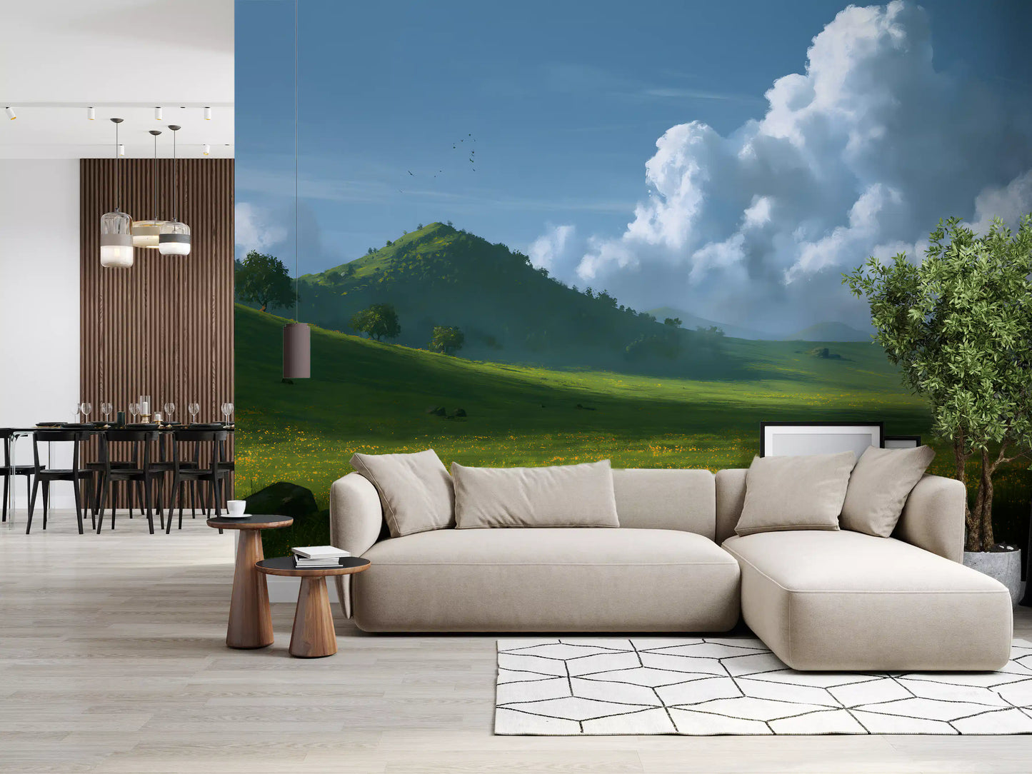Wandbild mit sanften grünen Hügeln und sommerlichem Himmel