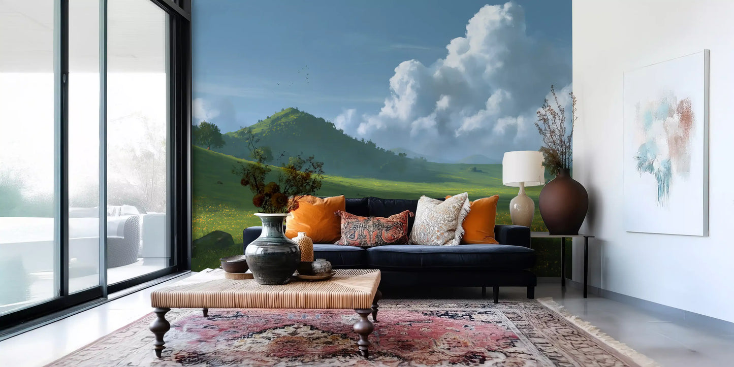 Wandbild mit sanften grünen Hügeln und sommerlichem Himmel