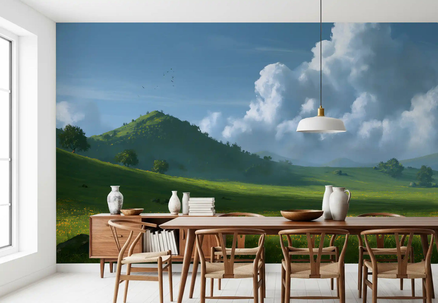 Wandbild mit sanften grünen Hügeln und sommerlichem Himmel