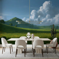 Wandbild mit sanften grünen Hügeln und sommerlichem Himmel