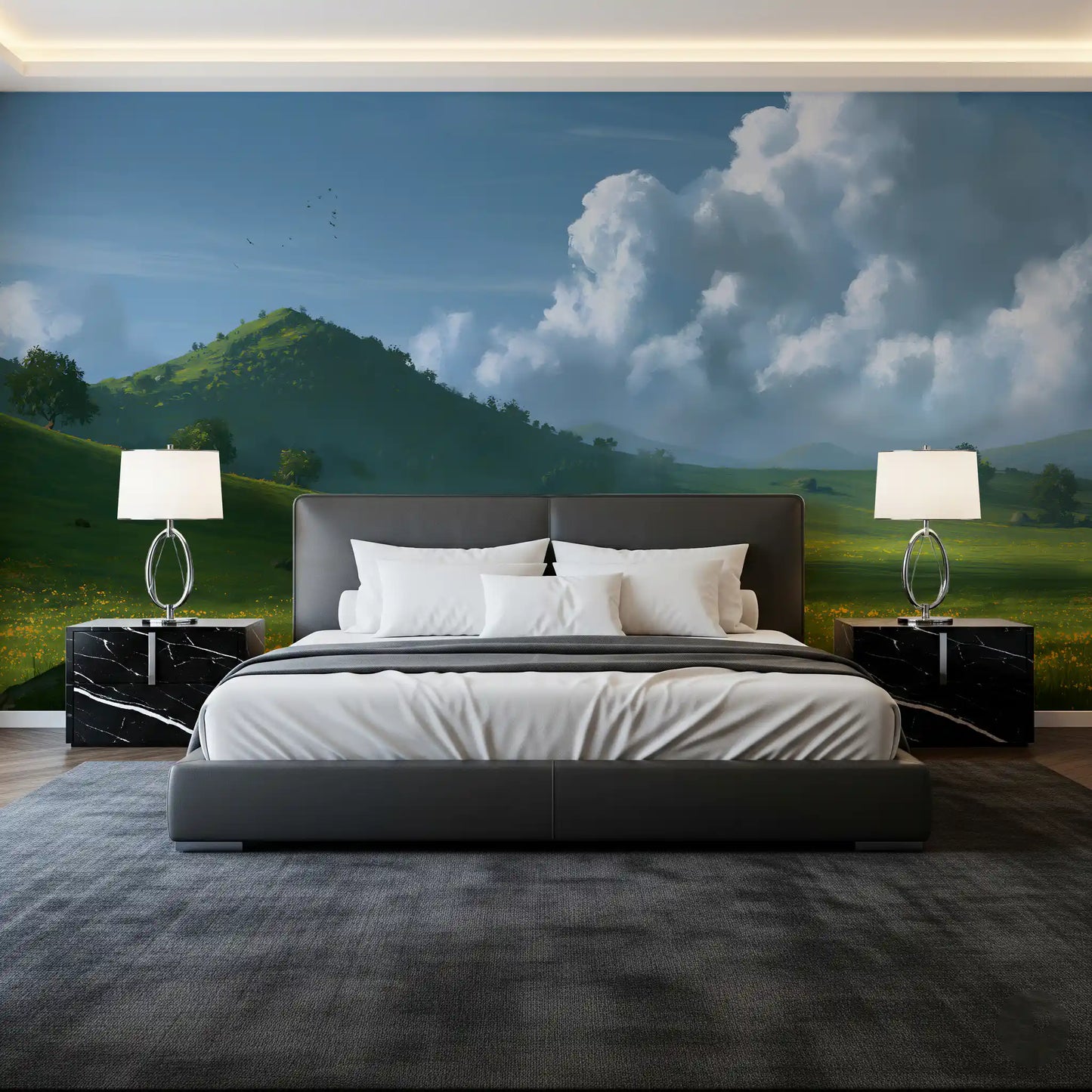 Wandbild mit sanften grünen Hügeln und sommerlichem Himmel