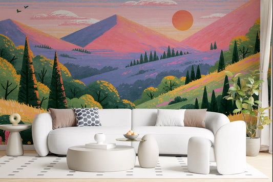 Mural panorámico de pared con vista serena de un valle montañoso