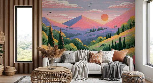 Mural panorámico de pared con vista serena de un valle montañoso