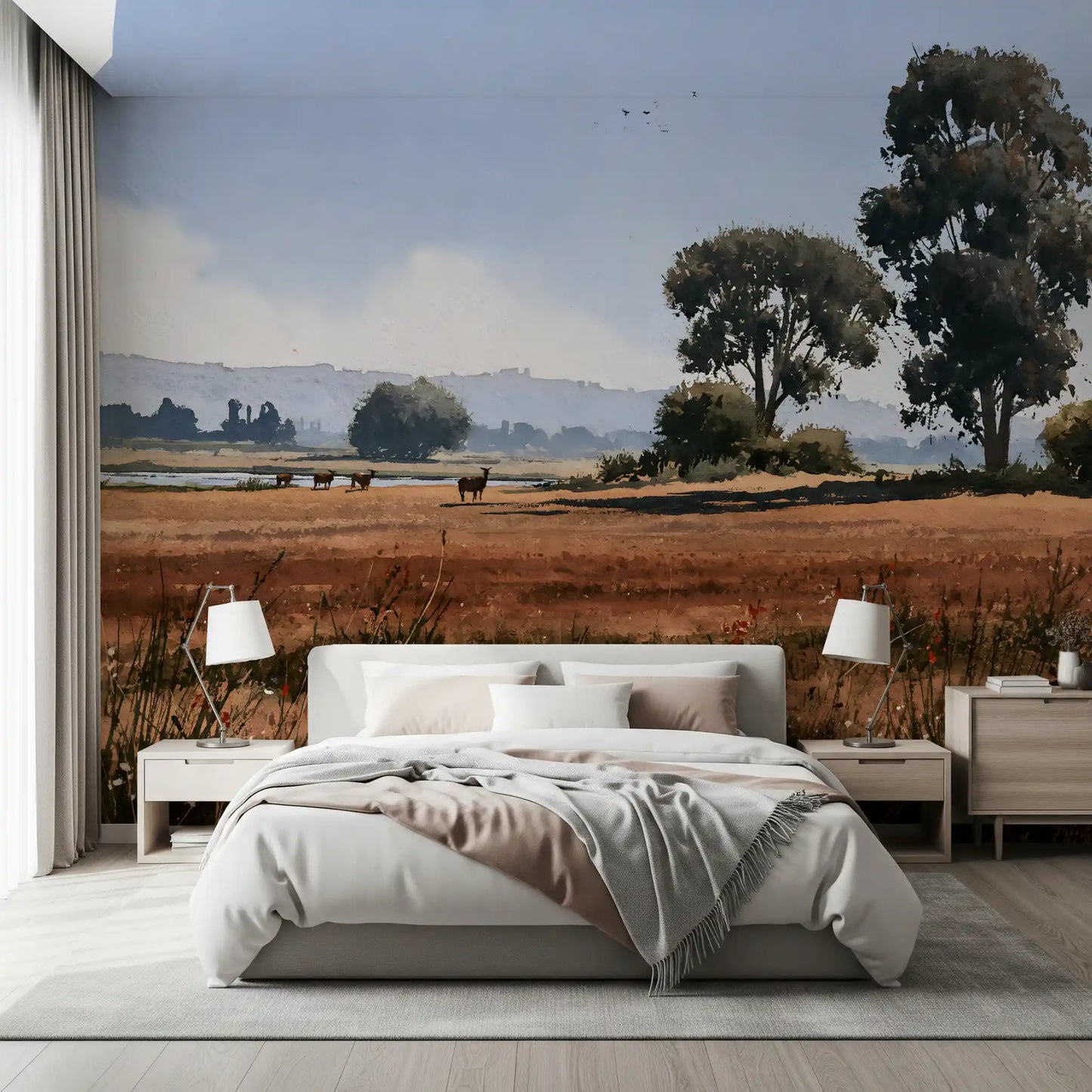 Wandbild „Ruhige Wiesenlandschaft mit Wildtieren“