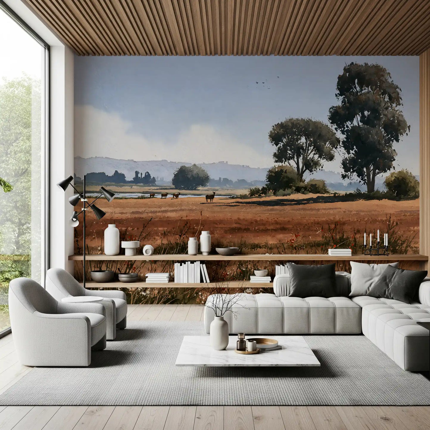 Wandbild „Ruhige Wiesenlandschaft mit Wildtieren“