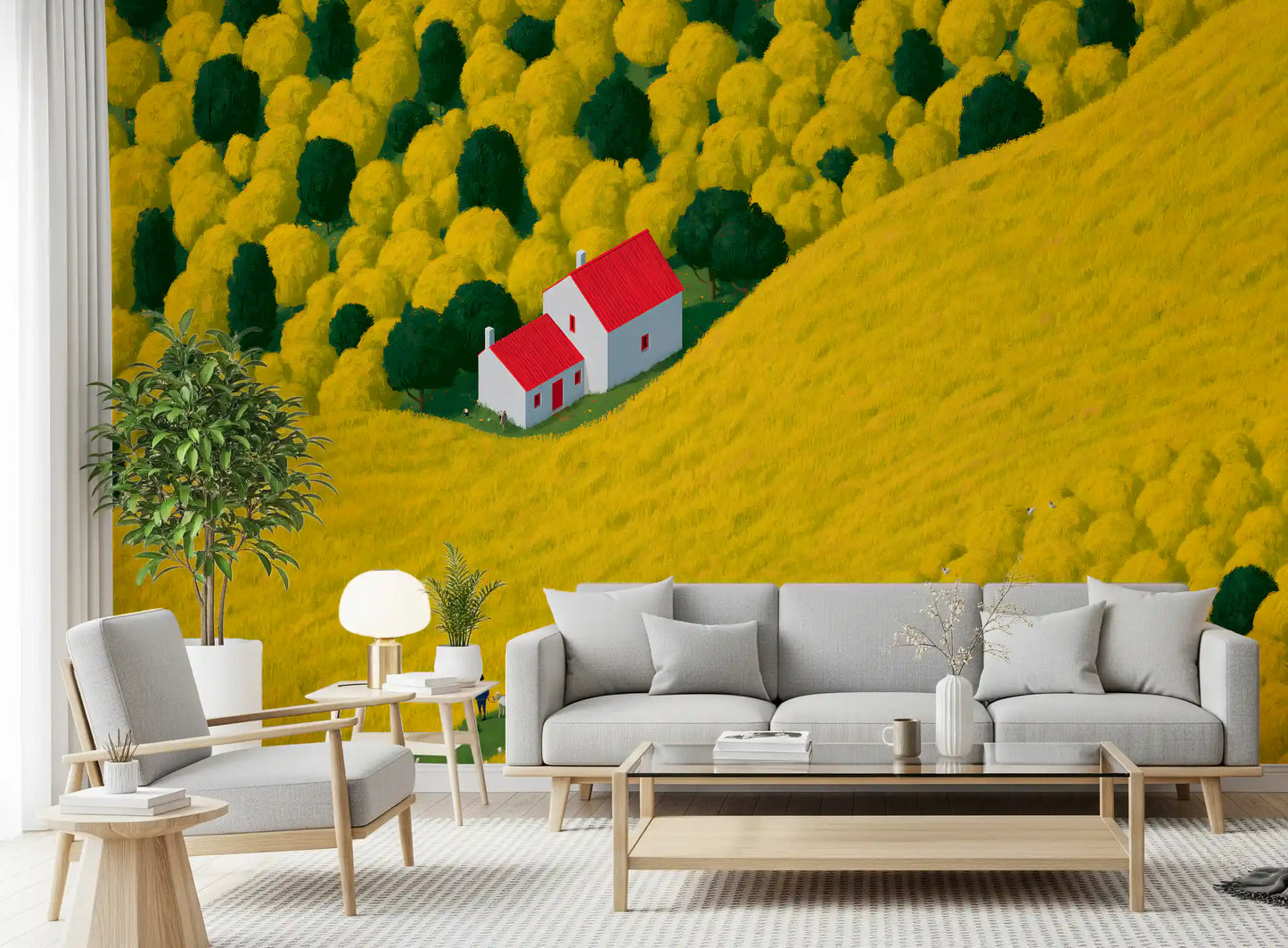 Fresque murale représentant un paysage rural ensoleillé avec un cottage