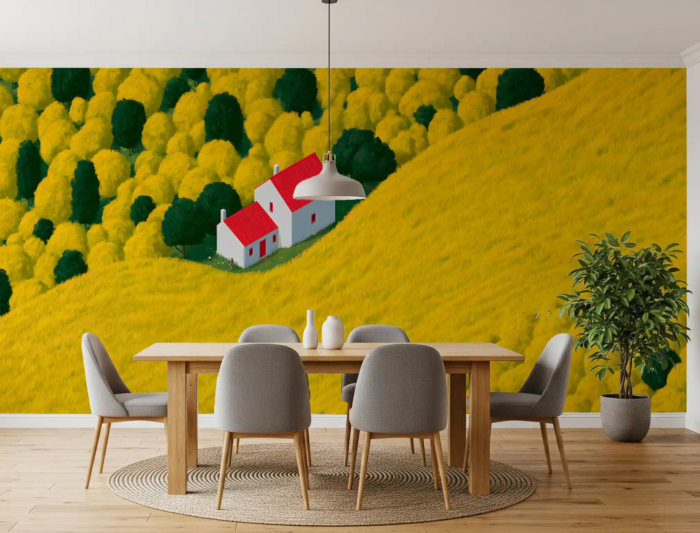 Fresque murale représentant un paysage rural ensoleillé avec un cottage
