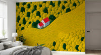 Fresque murale représentant un paysage rural ensoleillé avec un cottage