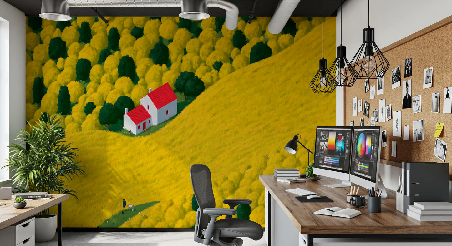 Fresque murale représentant un paysage rural ensoleillé avec un cottage