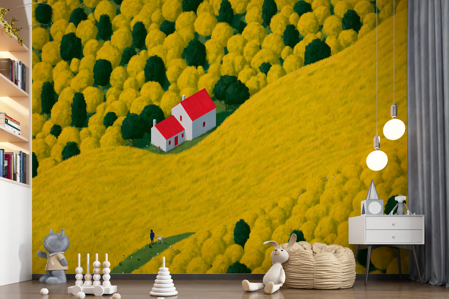 Fresque murale représentant un paysage rural ensoleillé avec un cottage