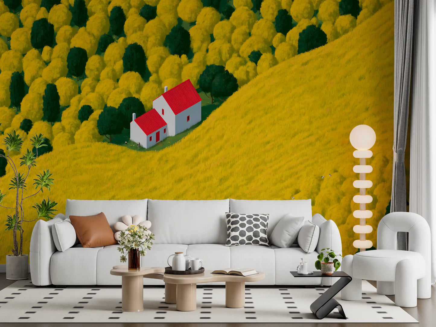Fresque murale représentant un paysage rural ensoleillé avec un cottage