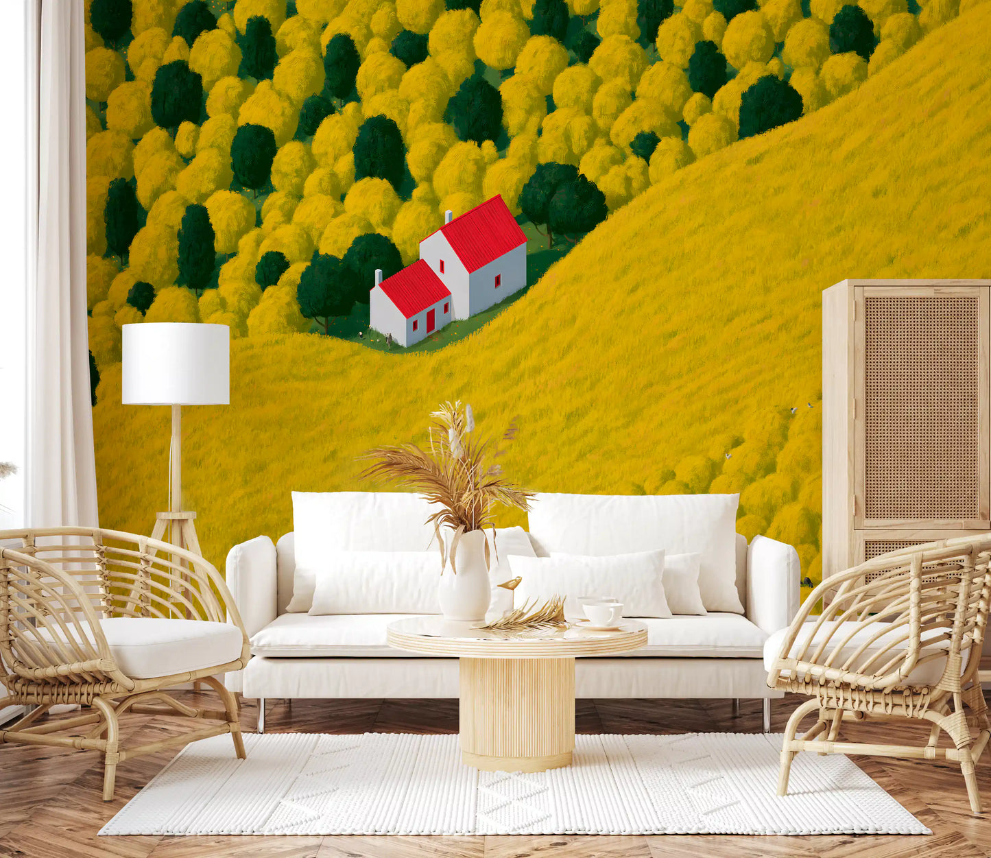 Fresque murale représentant un paysage rural ensoleillé avec un cottage