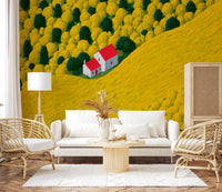 Fresque murale représentant un paysage rural ensoleillé avec un cottage