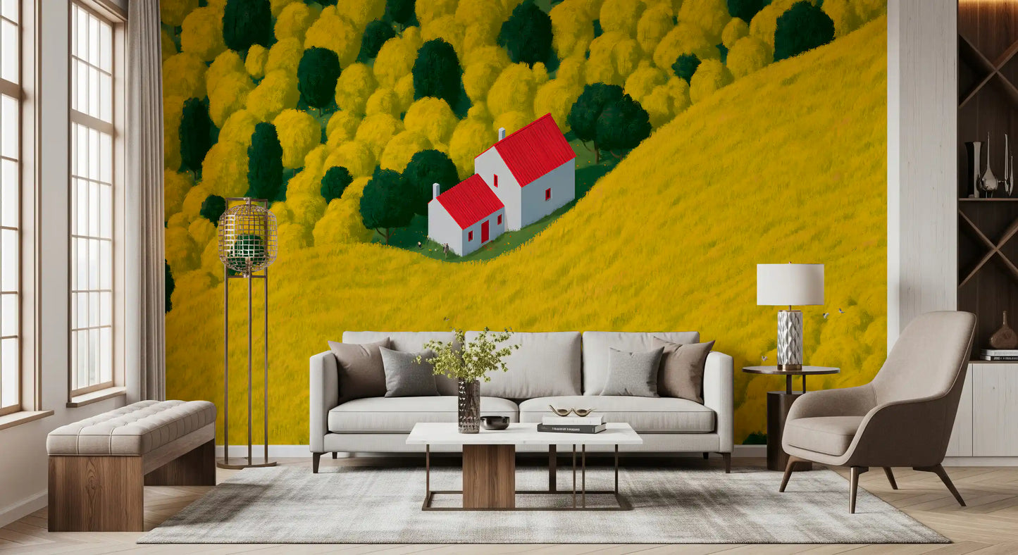 Fresque murale représentant un paysage rural ensoleillé avec un cottage